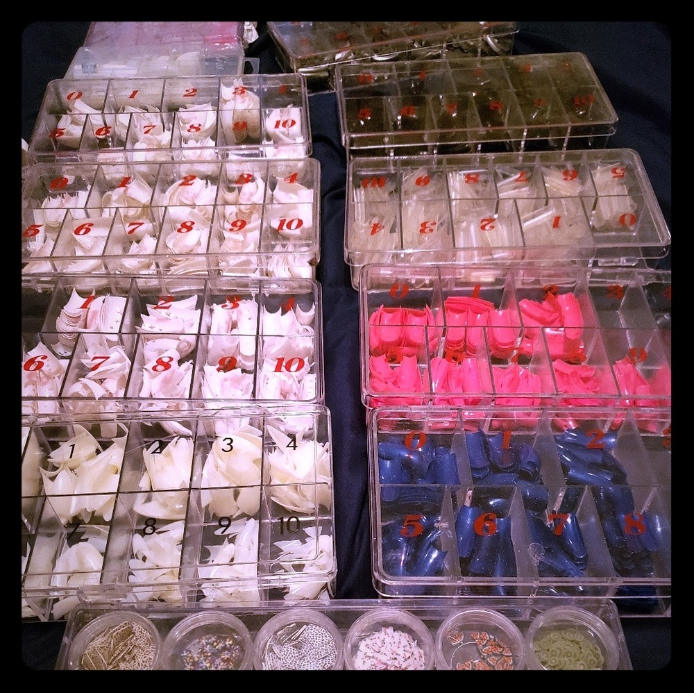 Acrylic Nail Tips, Glitter and nail decoration.